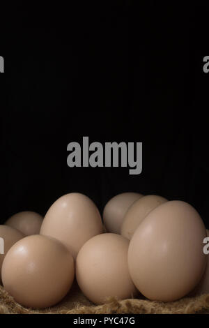 Eggs in a nest on hemp sack, dark corner. Stock Photo
