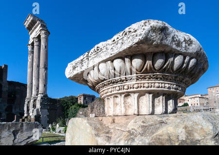 Looking across The Roman Forum  towards  the remaining columns of the Temple of the Dioscuri, Rome, Italy. Stock Photo