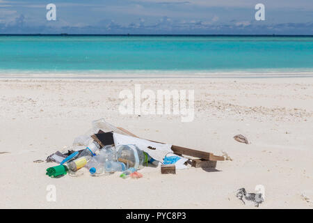 Rubbish on the beach Atoll island Maldives. Stock Photo