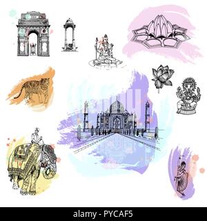 Set of hand drawn sketch style India themed objects isolated on white background. Vector illustration. Stock Vector