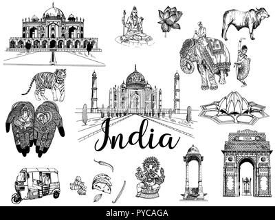 Set of hand drawn sketch style India themed objects isolated on white background. Vector illustration. Stock Vector