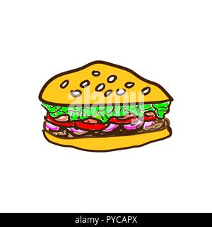 Cartoon tasty big hamburger with cheese and sesame seeds isolated on white background. Vector illustration sticker icon. Stock Vector