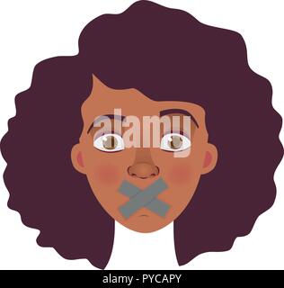 Portrait of young african american woman with mouth and lips sealed in adhesive tape. African woman with taped mouth vector illustration Stock Vector