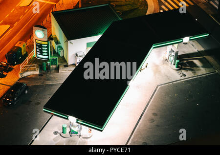 Cascais, Portugal - Oct 25, 2018: Top down view of BP gas station at night. BP is a petroleum company with its headquarters in London Stock Photo