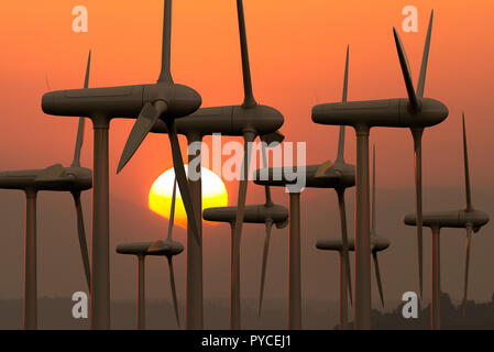 3D rendering of a wind farm at sunset