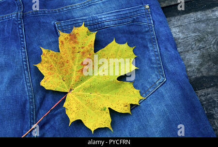 Yellow autumn leaf on blue jeans pockets background Stock Photo