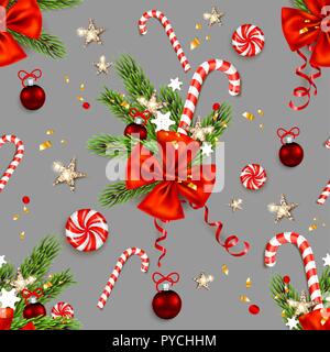 Winter holiday seamless pattern. Festive Christmas symbols wallpaper. Christmas tree, ribbon, candy cane, stars, balls, snowflakes repeating decor Stock Vector