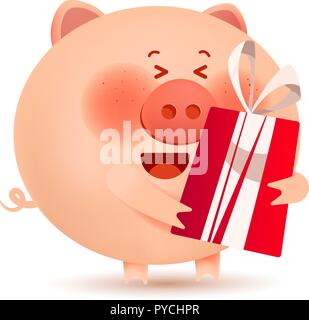 A cute little pig holds a gift.Happy New Year. Holiday greeting card. Isolated vector illustration. Stock Vector
