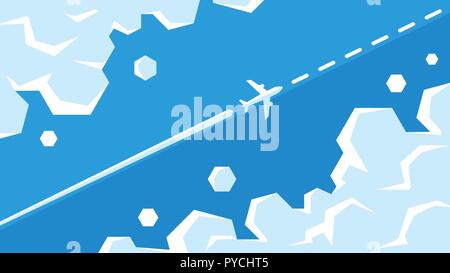 Plane flying between clouds vector illustration. Airplane is flying in the sky on the route. White passenger airplane with clouds on a blue background Stock Vector