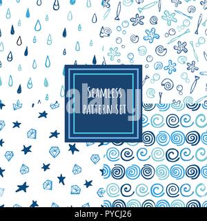 Blue shades seamless pattern collection. Hand drawn vector doodle backgrounds set. Stock Vector