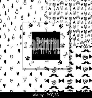 Monochrome seamless pattern collection. Hand drawn vector doodle backgrounds set. Stock Vector