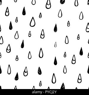 Monochrome drop signs seamless pattern. Hand drawn doodle water symbols on white background. Cute rain pattern for your design. Stock Vector