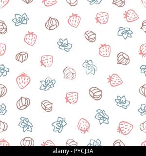Strawberries, nuts and succulents signs seamless pattern. Hand drawn doodle symbols on white background. Cute food pattern for your design. Stock Vector