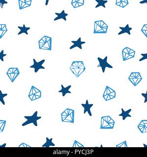 Blue gemstone and star signs seamless pattern. Hand drawn stars and diamonds on white background. Funky kitsch pattern for your design. Stock Vector