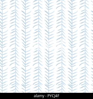 Tropical leaves ornamental seamless pattern. Hand drawn doodle branches on white background. Tender blue plant kitsch pattern for your design. Stock Vector