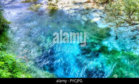 View to Blue Eye spring, initial water source of Bistrice river,near Muzine in Vlore County in southern Albania. Stock Photo