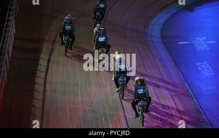 Riders during the Six Day Men 40 Lap Derny during day four of the Six Day Series at Lee Valley Velopark, London. PRESS ASSOCIATION Photo. Picture date: Friday October 26, 2018. Photo credit should read: Adam Davy/PA Wire. Stock Photo