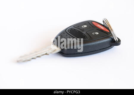 Isolated truck car key with key ring on white background. Stock Photo
