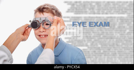 little boy, having his eyesight examining. Children eye examination procedure with trial frame Stock Photo