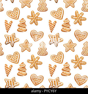 Christmas gingerbread seamless pattern. Ginger cookies on blue background. Watercolor illustration. Cute Xmas background for wallpaper, gift paper, Stock Photo