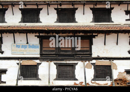 Translation: The windows and supporting woods after the earthquake at Kathmandu Durbar Square. Taken in Nepal, August 2018. Stock Photo