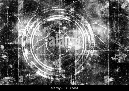 Abstract grunge futuristic cyber technology background. Sci-fi circuit design. Drawing on old grungy surface. Cyber punk design. Stock Photo