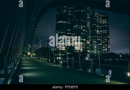 New architecture with modern shapes from Humber Bay bridge in Toronto, Canada - long exposure after dark