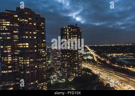 Aerial view of tall buildings on Lakeshore Boulevard, Toronto - long exposure from drone Stock Photo