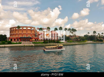 Orlando, Florida. August 15, 2018: The Hard Rock Cafe at Universal Orlando Resort in Florida with the lake on the foreground. Stock Photo
