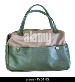 new handmade combined textile and leather handbag cut out on white background Stock Photo