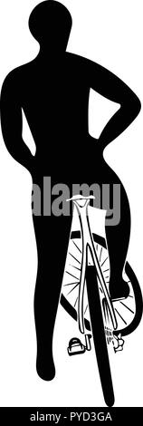 Monochrome silhouette vector graphic of cycling triathlete waiting on bike from back. Stock Vector