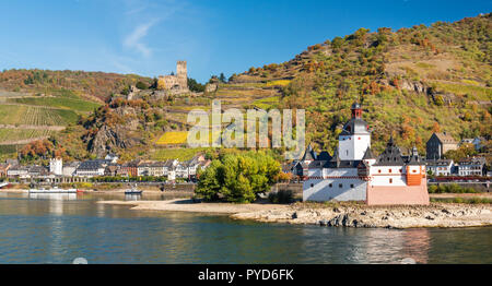 Rhine castles of Gutenfels and Pfalzgrafenstein at Kaub in autumn, Germany Stock Photo