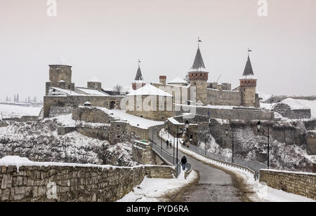 Winter view of Medieval fortress of Kamyanets-Podilsky, Western Ukraine Stock Photo