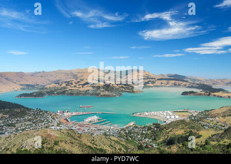 Aerial view of Lyttelton port from the top of Christchurch Gondola Station at Port Hills in the South Island of New Zealand. Stock Photo