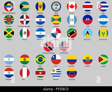 Vector illustration of different countries flags set. All Round flags Americas Stock Vector