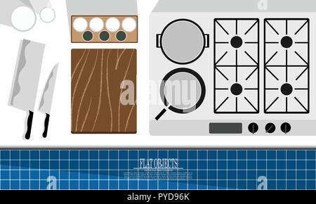 Flat object design set, chef profession kitchen equipment Stock Vector