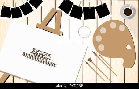 Flat object design set, painter profession equipment in working space Stock Vector