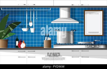 Flat object design set, side view kitchen equipments Stock Vector