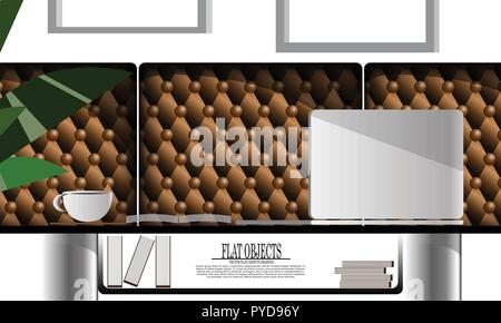 Flat object design set, side view working space on the couch with equipment Stock Vector