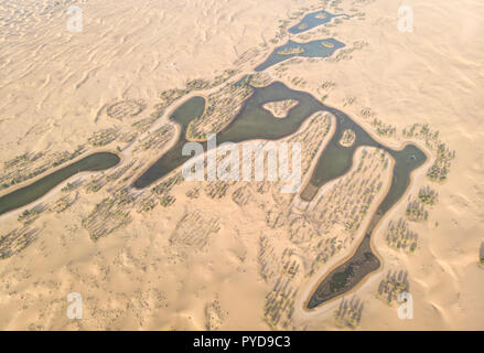 aerial view of Al Qudra Lakes in a desert near Dubai Stock Photo