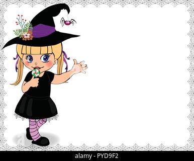 Vector illustration of little cute naughty baby girl in witch dress costume framed with cobweb isolated on white background. Halloween invitation, gre Stock Vector