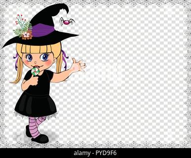 Vector illustration of little cute naughty baby girl in witch dress costume framed with cobweb isolated on transparent background. Halloween invitatio Stock Vector