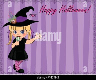 Happy Halloween greeting card template of cute baby girl in witch dress costume and hat rising hand up framed with cobweb on purple striped background Stock Vector