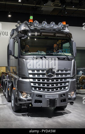 HANNOVER, GERMANY - SEP 27, 2018: Mercedes-Benz Arocs 4163 S heavy-duty transport truck showcased at the Hannover IAA Commercial Vehicles Motor Show. Stock Photo