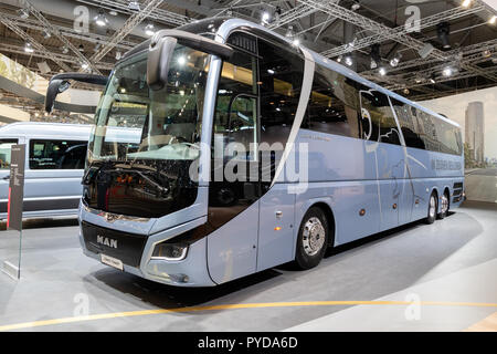 HANNOVER, GERMANY - SEP 27, 2018: MAN Lion's Euro 6 coach bus showcased at the Hannover IAA Commercial Vehicles Motor Show. Stock Photo