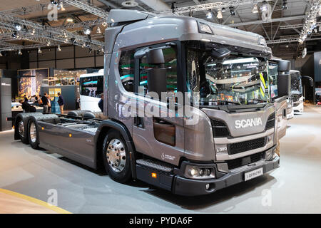 HANNOVER, GERMANY - SEP 27, 2018: New Scania L320 urban truck showcased at the Hannover IAA Commercial Vehicles Motor Show. Stock Photo
