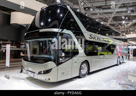 HANNOVER, GERMANY - SEP 27, 2018: New NEOPLAN Skyliner luxury double-decker coach showcased at the Hannover IAA Commercial Vehicles Motor Show. Stock Photo