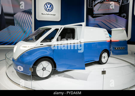 HANNOVER, GERMANY - SEP 27, 2018: New Volkswagen I.D. Buzz Cargo electric delivery van showcased at the Hannover IAA Commercial Vehicles Motor Show. Stock Photo