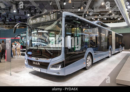 HANNOVER, GERMANY - SEP 27, 2018: New MAN Lion's city public bus showcased at the Hannover IAA Commercial Vehicles Motor Show Stock Photo