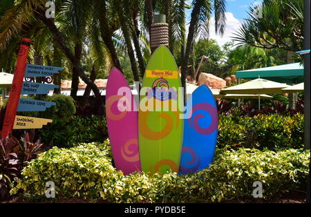 Orlando, Florida. September 21, 2018. Colorful Surfboards at  Seaworld Aquatica. Stock Photo